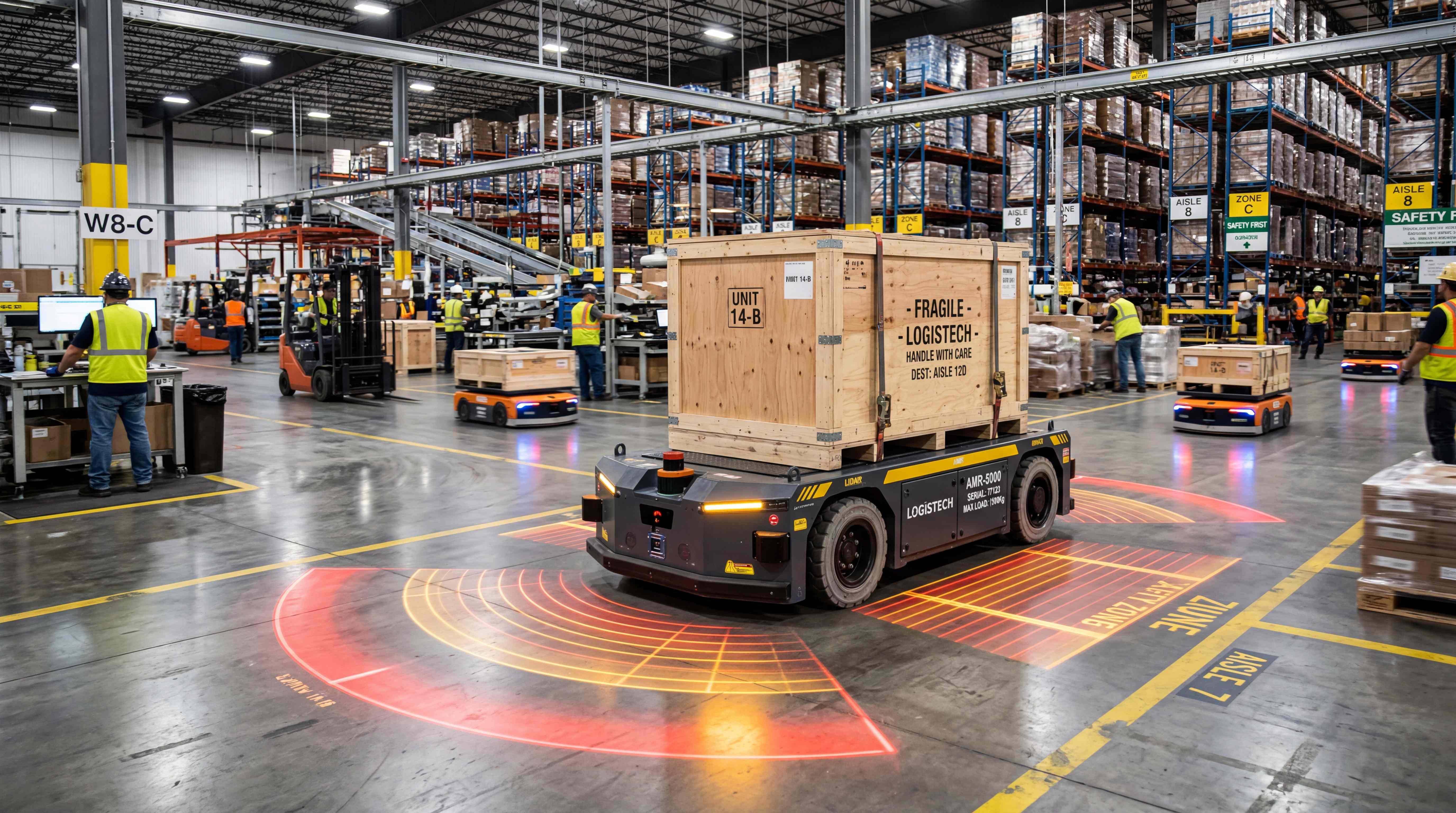 Heavy-payload AMR showing safety field and turning space in a busy warehouse aisle
